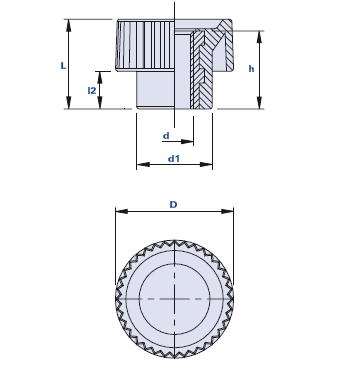 Knurled grip knob with pass-through threaded bush