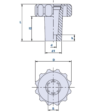 Fluted grip knob with high hub and hexagonal seat for screws and nuts