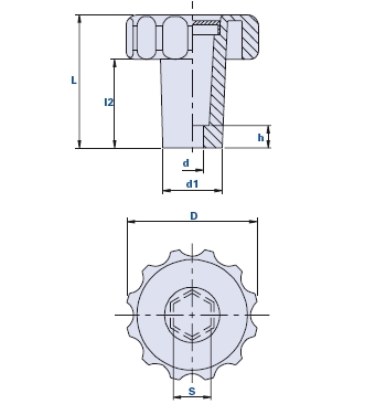 Bouton cannelé avec moyeu haut et siège hexagonal pour vis et écrous