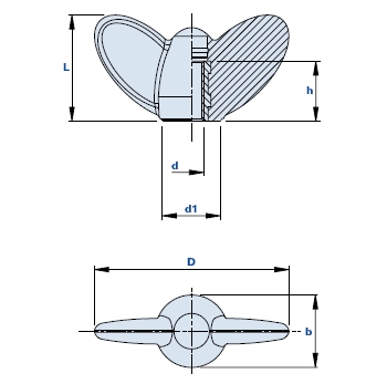 Wing nut with pass-through threaded bush