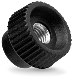 Knurled grip knob with pass-through threaded bush