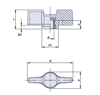 Wing nut with blind threaded bush