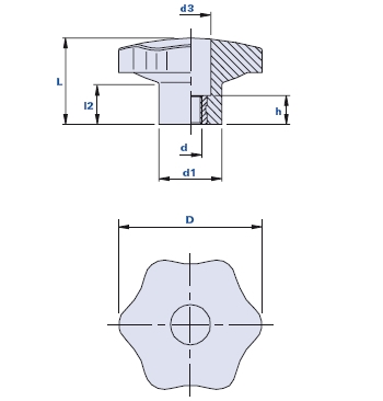 6-lobe knob with pass-through threaded bush