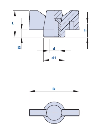 Wing nut with blind threaded bush