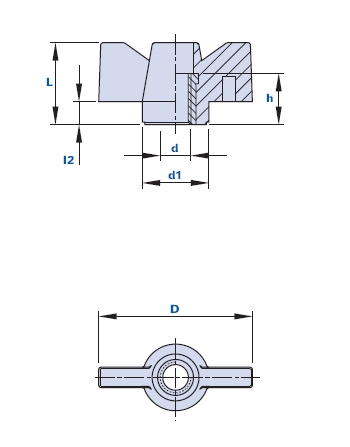 Wing nut with pass-through threaded bush