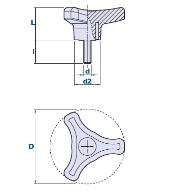 3-arm knob with threaded pin