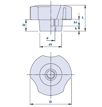 3-lobe knob with pass-through threaded bush