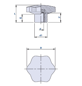 6-lobe knob with blind threaded bush