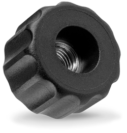 Fluted grip knob with pass-through threaded bush