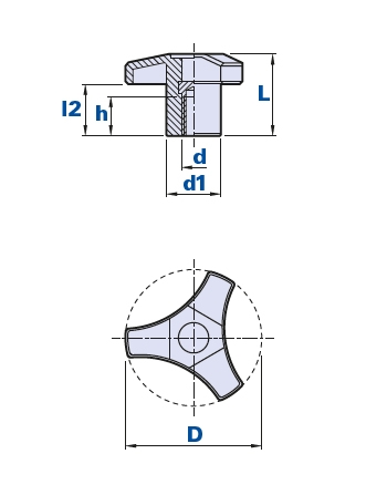 3-arm knob with pass-through threaded bush