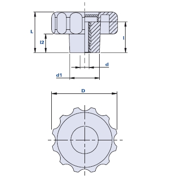 Fluted grip knob with pass-through threaded bush