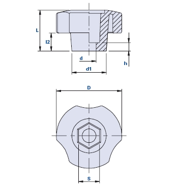 3-lobe knob with hexagonal seat for screws and nuts with cap