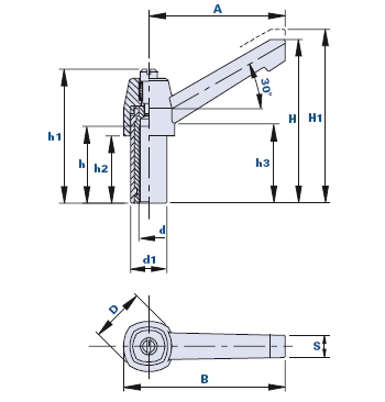 Adjustable clamping lever with threaded bush and high hub