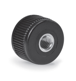 Knurled grip knob with pass-through threaded bush