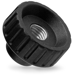 Fluted grip knob with pass-through threaded bush