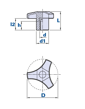 3-arm knob with blind threaded bush