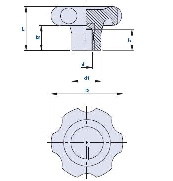 6-lobe knob with blind threaded bush