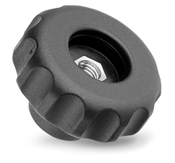 Fluted grip knob with pass-through threaded bush