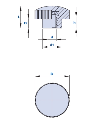 Knurled grip knob with blind threaded bush