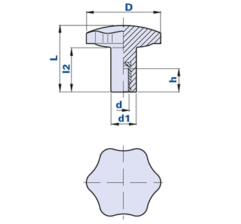 6-lobe knob with high hub and blind threaded bush