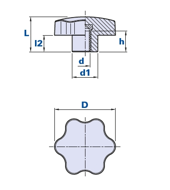 6-lobe knob with blind threaded bush