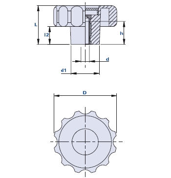 Fluted grip knob with blind threaded bush