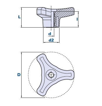 3-arm knob with pass-through threaded bush