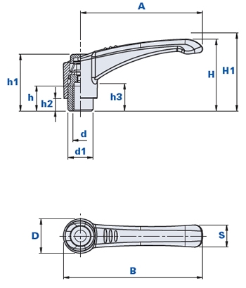 Adjustable clamping lever with threaded bush