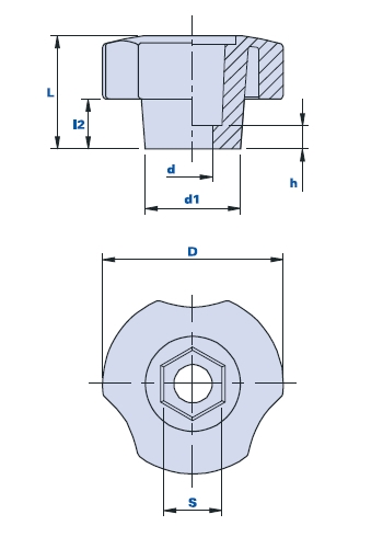 3-lobe knob with hexagonal seat for screws and nuts