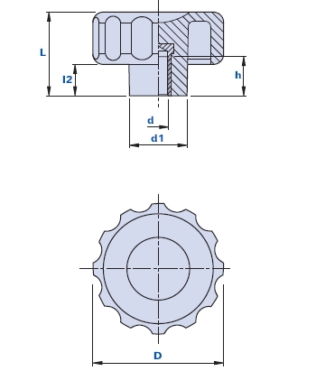 Fluted grip knob with blind threaded bush