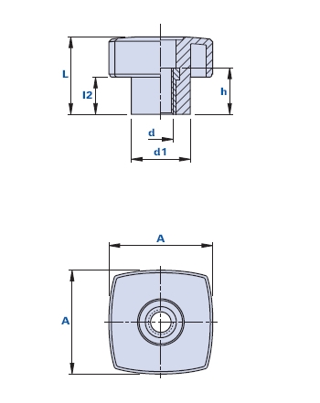 Grip knob with pass-through threaded bush