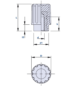 Fluted grip knob with blind threaded bush