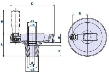 Disc-shaped handwheel with revolving and flick folding handgrip