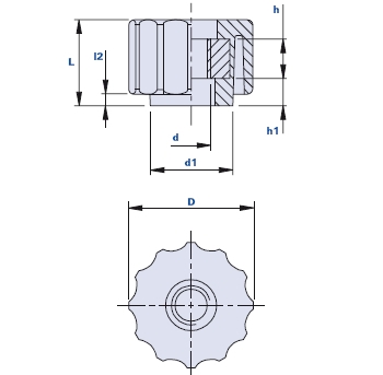 Fluted grip knob with pass-through threaded bush