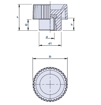 Knurled grip knob with blind threaded bush