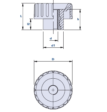 Fluted grip knob with pass-through threaded bush