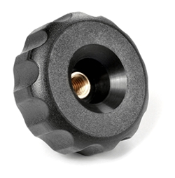 Fluted grip knob with pass-through threaded bush