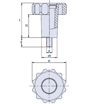 Fluted grip knob with high hub and threaded pin