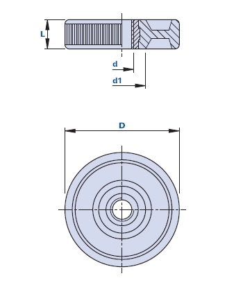 Knurled grip knob with pass-through threaded bush