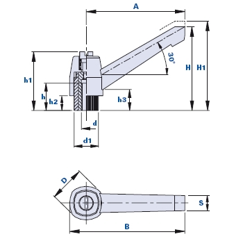 Adjustable clamping lever with threaded bush in nickel-plated brass