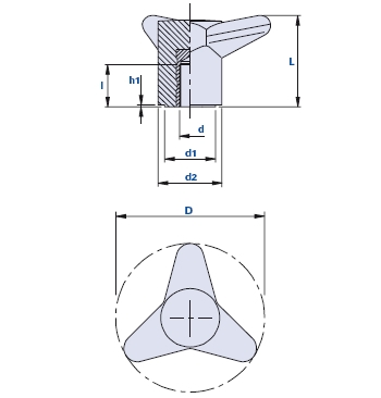 3-arm knob with blind threaded bush