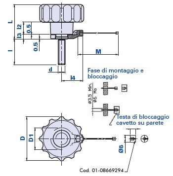 Knob with anti-fall steel cable and threaded pin