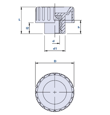 Fluted grip knob with blind threaded bush