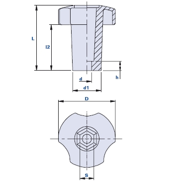 3-lobe knob with high hub and hexagonal seat for screws and nuts