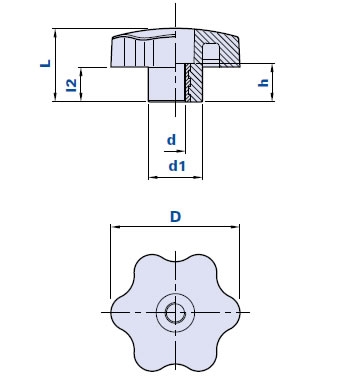 6-lobe knob with pass-through threaded bush