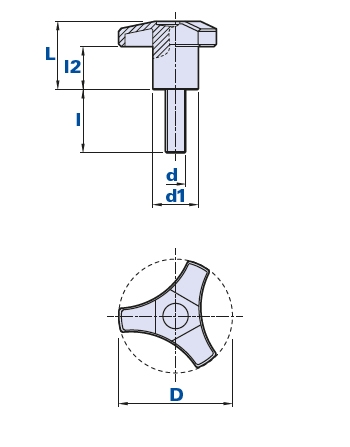 3-arm knob with threaded pin