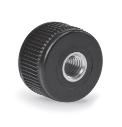 Knurled grip knob with pass-through threaded bush